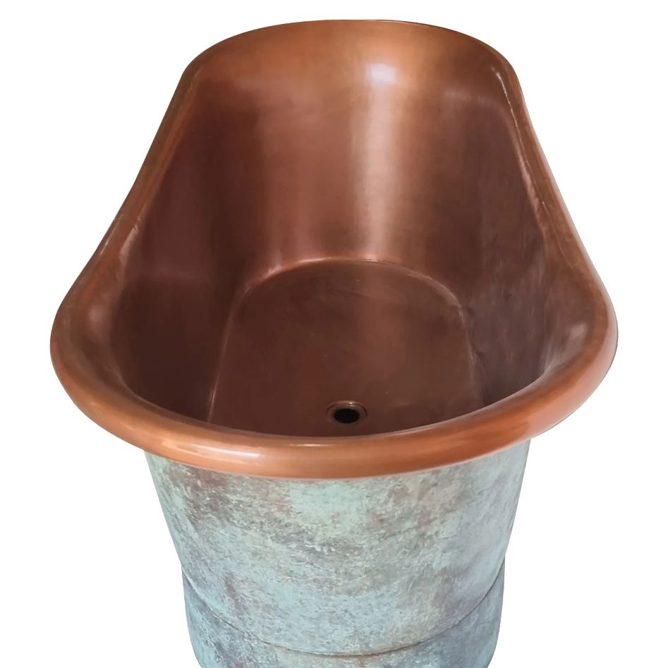 Coppersmith Creations Copper Bathtub Copper Interior & Blue Green Patina Exterior Finish with view of the inside