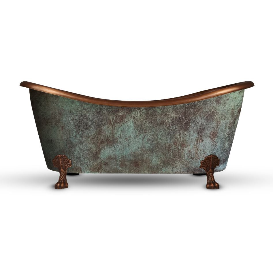 Coppersmith Creations Hammered Clawfoot Copper Double Slipper Tub Blue-Green Patina Exterior