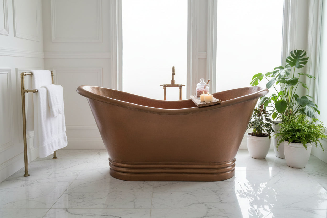 Coppersmith Creations Hammered Medium Antique Finish Copper Double Slipper Tub side view