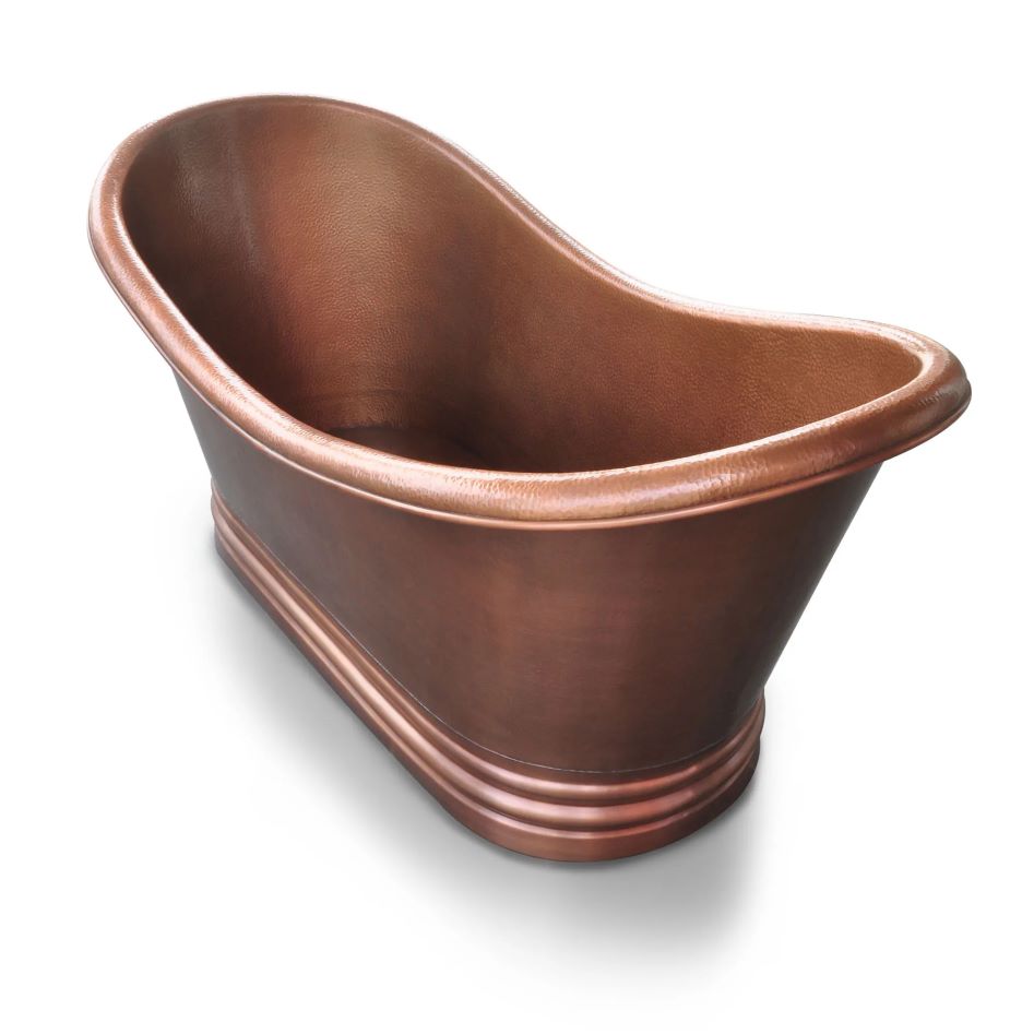 Coppersmith Creations Ribbed Base Hammered Antique Copper Freestanding Tub with top and side view