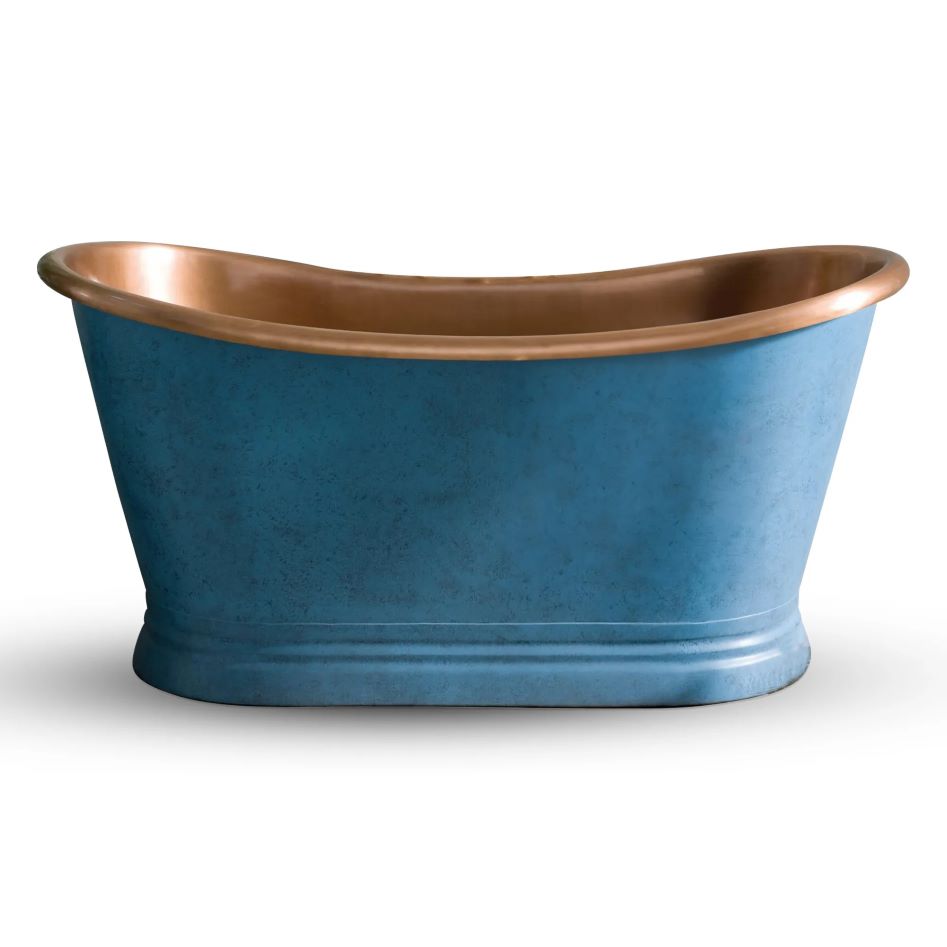 Coppersmith Creations Slanted Cascading Base Copper Bathtub Verdigris Blue Patina Exterior & Antique Finish Interior