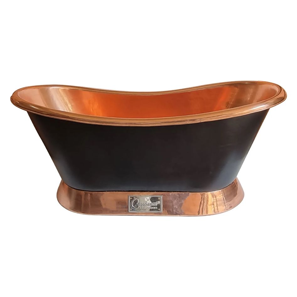 Coppersmith Creations Slanting Base Copper Bathtub Copper Inside & on Base Black Outside from top and side view