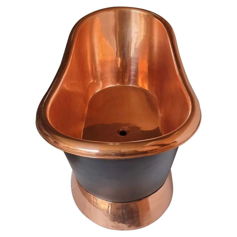 Coppersmith Creations Slanting Base Copper Bathtub Copper Inside & on Base Black Outside from top view