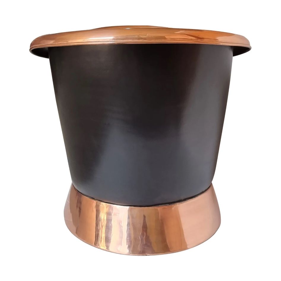 Coppersmith Creations Slanting Base Copper Bathtub Copper Inside & on Base Black Outside from view of front
