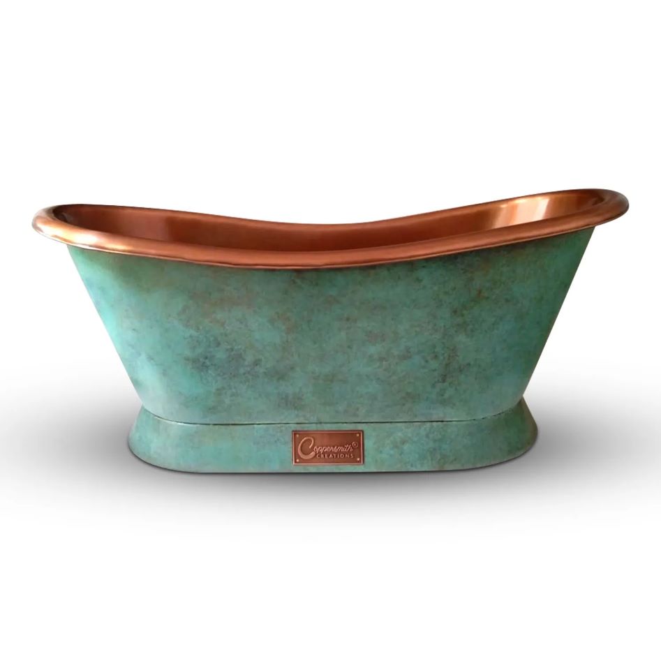 Coppersmith Creations Slanting Base Copper Bathtub Copper Interior & Blue Green Patina Exterior Finish