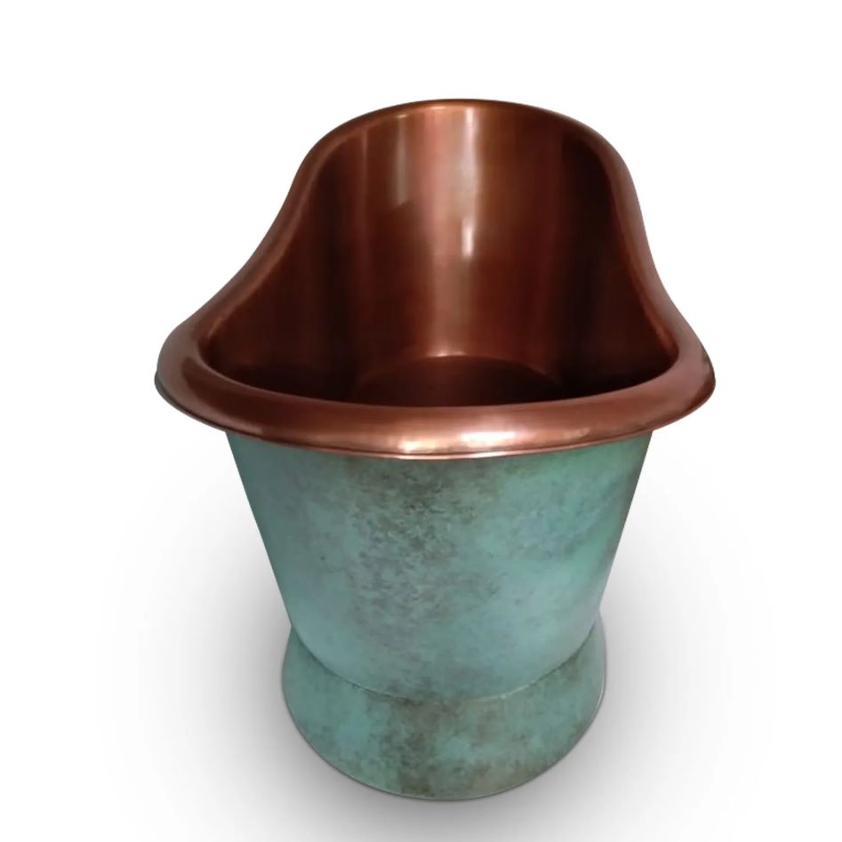 Coppersmith Creations Slanting Base Copper Bathtub Copper Interior & Blue Green Patina Exterior Finish with view from front