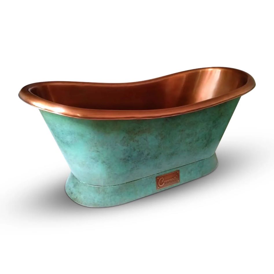 Coppersmith Creations Slanting Base Copper Bathtub Copper Interior & Blue Green Patina Exterior Finish
