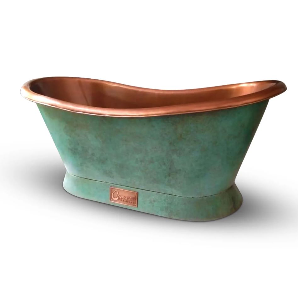 Coppersmith Creations Slanting Base Copper Bathtub Copper Interior & Blue Green Patina Exterior Finish with view from side