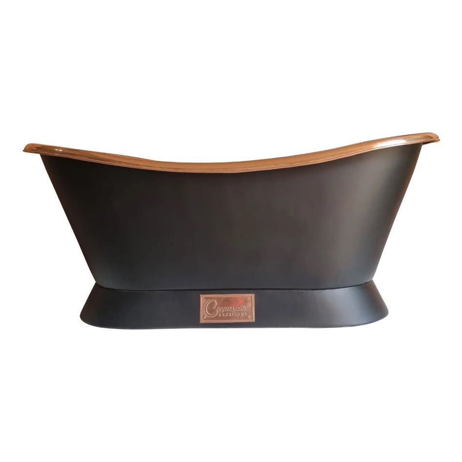 Coppersmith Creations Slanting Base Copper Bathtub Full Black Exterior from side view