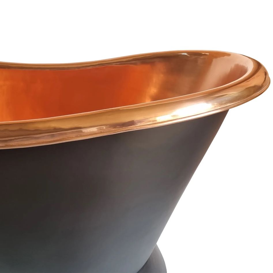 Coppersmith Creations Slanting Base Copper Bathtub Full Black Exterior close up of top