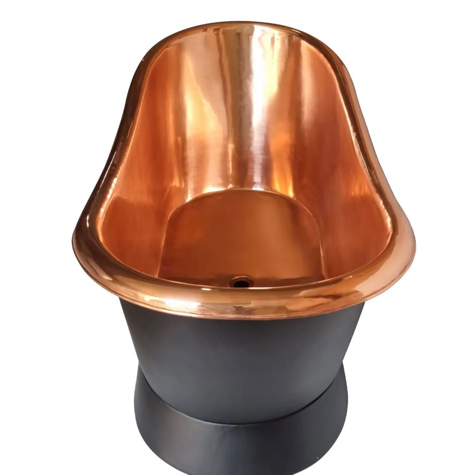 Coppersmith Creations Slanting Base Copper Bathtub Full Black Exterior with view from top