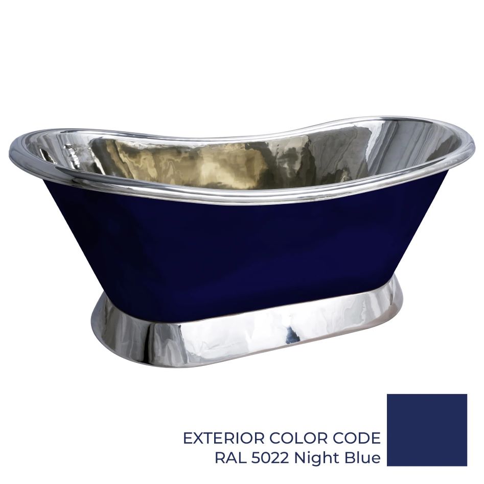 Slanting Base Copper Bathtub Nickel Inside & on Base RAL5022 Night Blue Outside from side angle