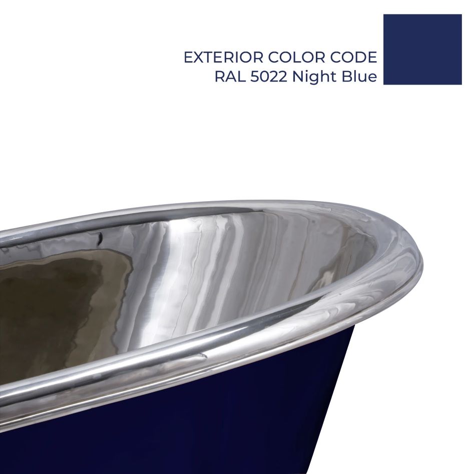 Slanting Base Copper Bathtub Nickel Inside & on Base RAL5022 Night Blue Outside top trim detail