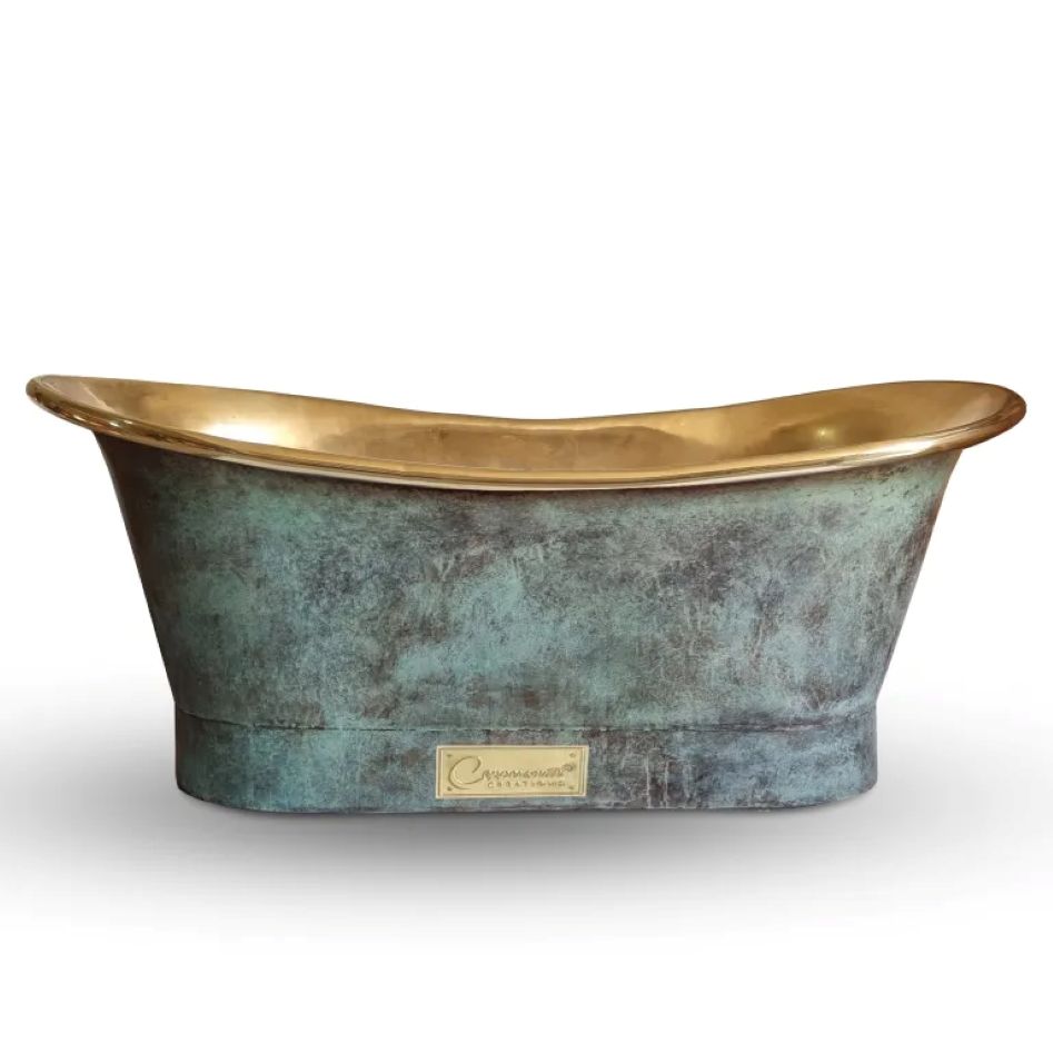 Coppersmith Creations Straight Base Brass Bathtub Patina Exterior & Polished Brass Interior Finish - Blissful Bathing Solutions