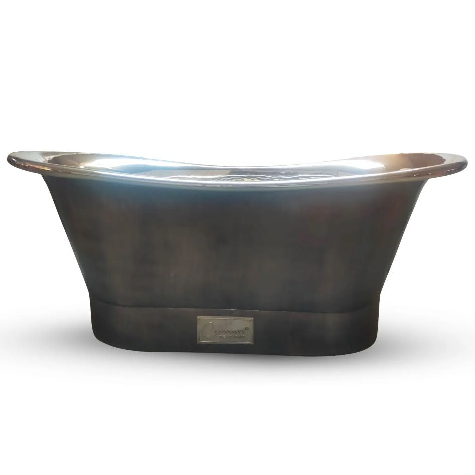 Coppersmith Creations Straight Base Copper Bathtub Nickel Interior Finish & Patinated Lead Finish Exterior from side