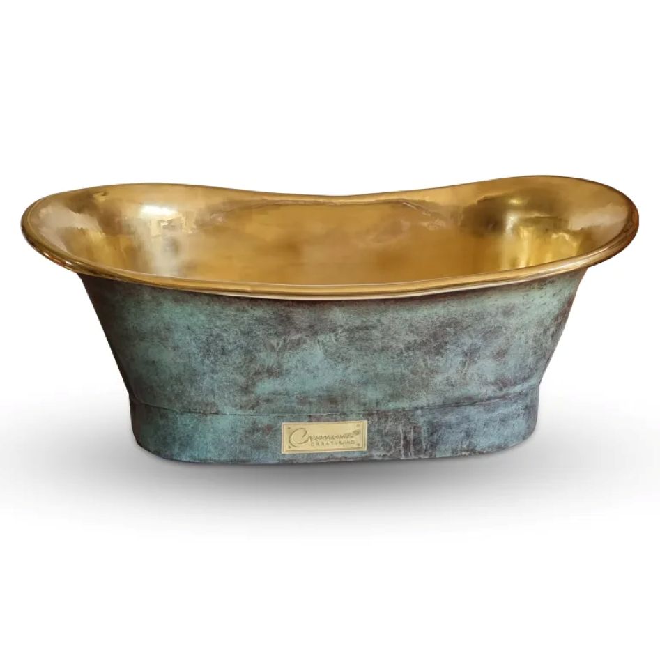 Coppersmith Creations Straight Base Brass Bathtub Patina Exterior & Polished Brass Interior Finish - Blissful Bathing Solutions