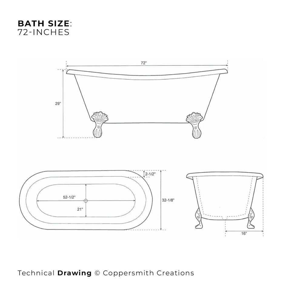 Coppersmith Creations Clawfoot Copper Bathtub Plain Antique Finish Interior & Patina Exterior full size specifications