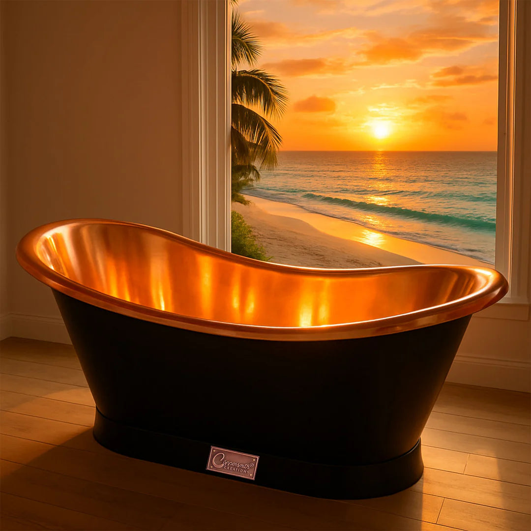 Straight Base Copper Bathtub Black Outside - Blissful Bathing Solutions