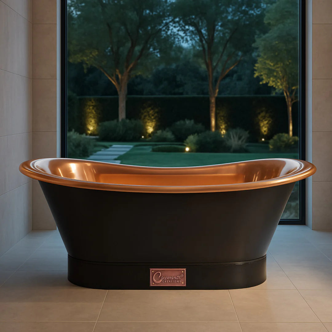 Straight Base Copper Bathtub Black Outside - Blissful Bathing Solutions