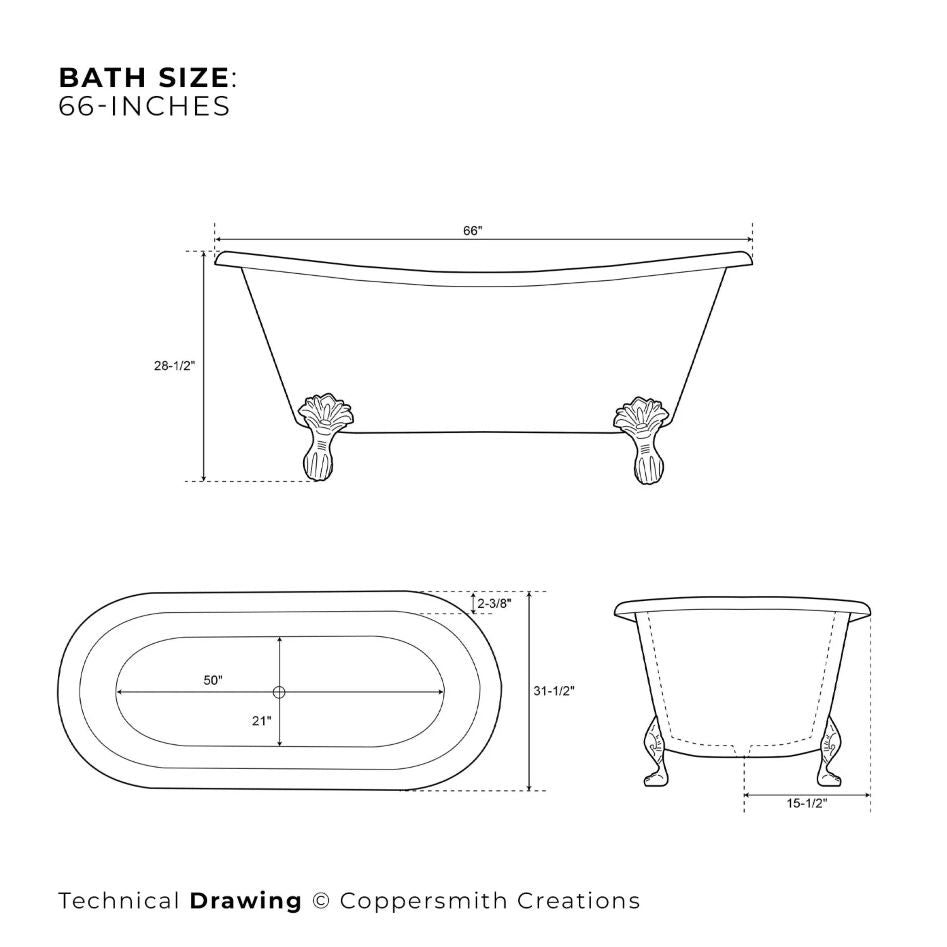 Coppersmith Creations Hammered Clawfoot Copper Double Slipper Tub Blue-Green Patina Exterior full dimensions