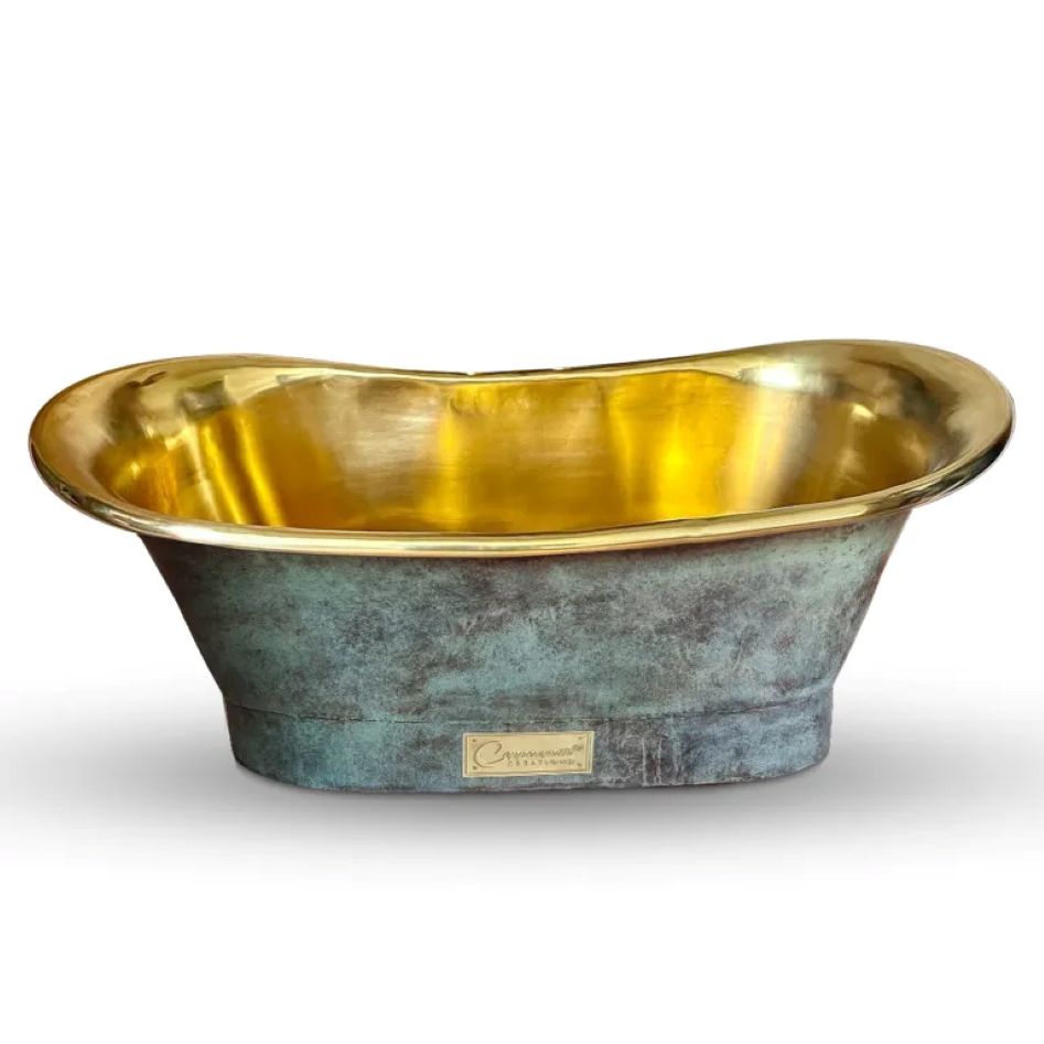 Coppersmith Creations Straight Base Brass Bathtub Patina Exterior & Polished Brass Interior Finish - Blissful Bathing Solutions