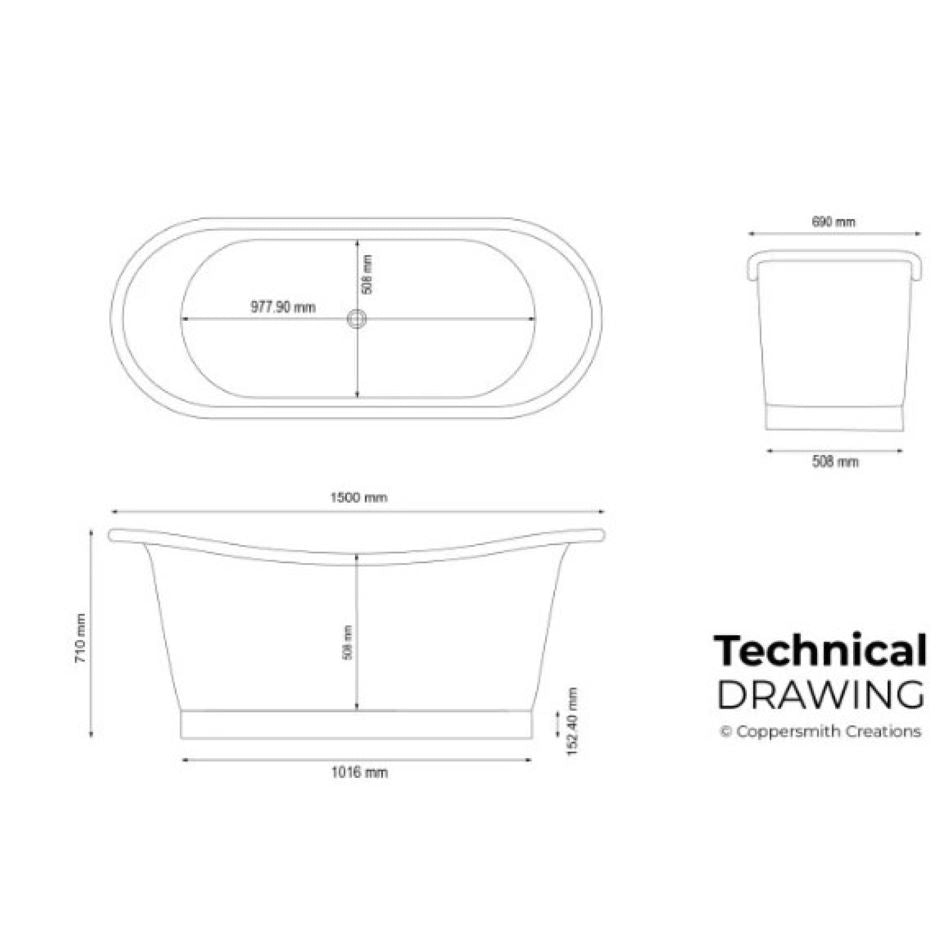 Coppersmith Creations Straight Base Copper Bathtub Full Nickel Finish 1500mm full dimensions