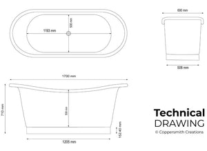 Coppersmith Creations Straight Base Copper Bathtub Nickel Inside 1700x690x710mm